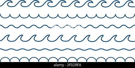 Satz blauer Wellenlinien, isoliert auf weißem Hintergrund. Wiggly Borders. Meer- oder Ozeanwellige Wasserstrukturen. Einfache Sommer-Symbole. Vektorgrafik. Stock Vektor