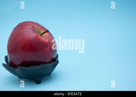 Rote Äpfel auf schwarzer Schale vor blauem Hintergrund, minimalistische Lebensmittelfotografie Stockfoto
