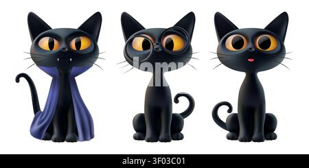 Realistisches magisches schwarzes Katzen-Set, 3D-Halloween-Ingwerauge-Teufel im Dracula-Kostüm, schlankes Kätzchen mit Brille, überraschtes neugieriges Haustier mit herausgestreckter Zunge Stock Vektor