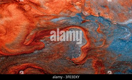 Spritzige, flüssige Farbe wirbelt die Textur von verschüttetem Acrylglas auf Stockfoto