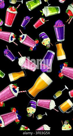 Bunte Vektor-Illustration von verschiedenen Frucht-Smoothies und Milchshakes in einem nahtlosen Muster angeordnet. Stock Vektor