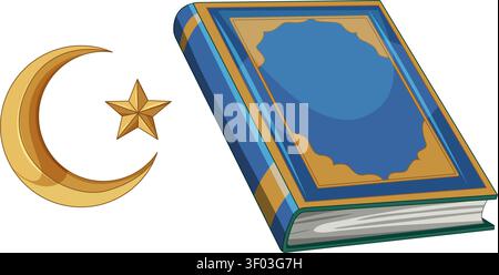 Vektor-Illustration eines blauen religiösen Buches neben einem goldenen Halbmond und Sternsymbol Stock Vektor
