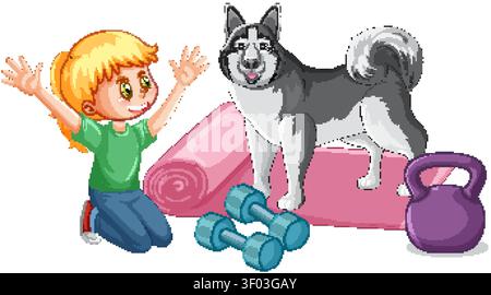 Cartoon Girl kniet neben ihrem sibirischen Husky-Hund mit Yogamatte, Hanteln und Kettlebell Stock Vektor