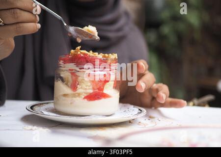 Erdbeer-Joghurt-Parfait, serviert in einem klaren Glasgefäß Stockfoto