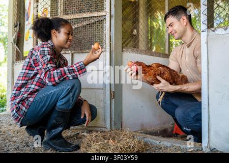 Junglandwirte, die Eier auf der Hühnerfarm sammeln, Bauernhofbildungsstunde für junge Erwachsene, ökologische Landwirtschaft auf dem Land. Teenager lernen Stockfoto