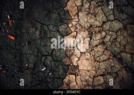 Nahaufnahme von gerissener trockener Erde und gerösteter Erde mit tiefen Rissen und rauer Textur, die Trockenheit, Trockenheit und Umweltbelastung fördern. Ideal für Stockfoto