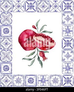 Rechteckiger Rahmen aus traditionellen portugiesischen Azulejo-Fliesen und Granatapfelbranche. Mediterrane, spanische Keramiktradition. Handgezeichnetes Aquarell Stockfoto