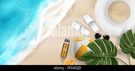 Blick von oben auf tropischen Strand Sand und Meerwasserwellen mit realistischer Sonnenschutzflasche, Sonnenbrille, aufblasbarem Ball und grünen Pflanzenblättern. Vektor-Illustration von Sommer-Reiseartikeln für Bannerdesign Stock Vektor