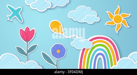 Bunter Papier geschnittener Frühlingshintergrund mit flauschigen Wolken, Regenbogenhimmel und Origami-Blumen, Ballon und Flugzeug, abstrakter Vektorhintergrund. Sommerlandschaft im Hintergrund für Kinder Produktpräsentation Stock Vektor