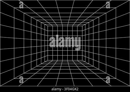 Abstrakter Drahtmodellraum mit einem weißen perspektivischen Raster auf schwarzem Hintergrund, der einen klaren futuristischen geometrischen Raum schafft. Stock Vektor
