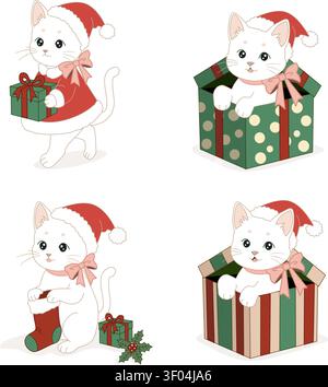 Niedliche Weihnachtskatzen-Vektorsammlung mit Kätzchen mit Weihnachtsmützen, Geschenkboxen, Weihnachtsstrumpf und festlichen Weihnachtsdekorationen, isoliert Stock Vektor