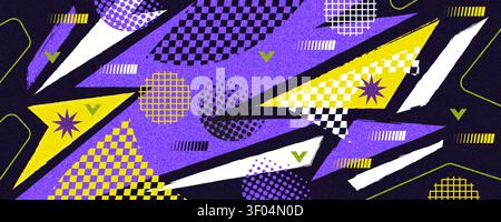 Abstrakter Hintergrund im Memphis-Stil mit geometrischen Formen und Textureffekten. Retro-Banner oder Poster im Memphis-Stil Stock Vektor
