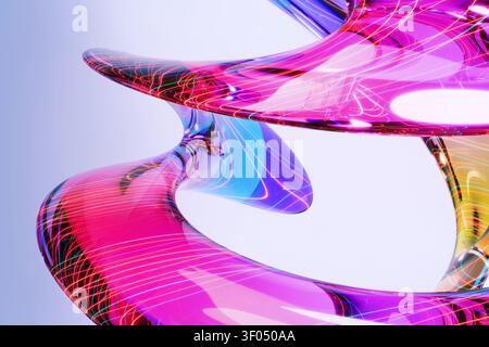 Lebendige abstrakte 3D-Skulptur aus flüssigem Glas in leuchtenden Pink- und Neonblau-Farben mit leuchtenden digitalen Linien. Futuristisches Hochglanz-Spiralelement auf Stockfoto