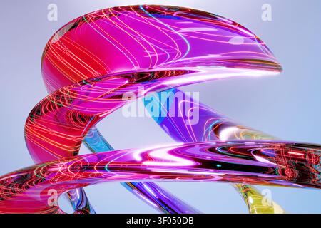 Lebendige abstrakte 3D-Skulptur aus flüssigem Glas mit leuchtenden Farben in Rosa, Lila und Neonblau mit leuchtenden digitalen Linien. Futuristischer Hochglanz Twisted e Stockfoto