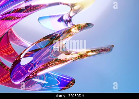 Abstraktes 3D-Rendering einer futuristischen, glänzenden, fließenden Form mit leuchtenden internen Lichtspuren in Magenta, Blau und Gold und Reflexionen auf einem blauen Verlauf Stockfoto