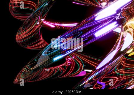Dynamisches futuristisches abstraktes 3D-Rendering. Komplexe, komplexe Leuchtwege in Rot, Blau, Violett und Magenta bilden spiralförmige Wirbel und Reflexionen Stockfoto