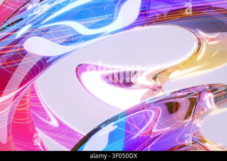 Futuristischer 3D-Abstract gekrümmter, leuchtender Glasstrukturen. Mit neonrosa, blauen und goldenen Wirbeln mit komplexen internen Reflexen auf einem sauberen weiß Stockfoto