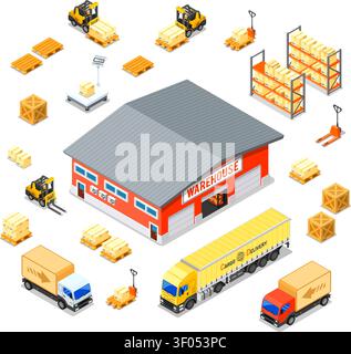 Isometrien für Lager, Lagerung, Logistik und Lieferung mit Lagerhaus, Waage, Lkw, Gabelstapler. Isolierte Vektordarstellung Stock Vektor