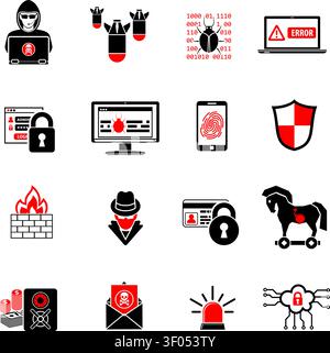 Internet Security zweifarbige Symbole für Flyer, Poster, Websites wie Hacker, Virus, Spam und Firewall. Isolierte Vektordarstellung. Stock Vektor