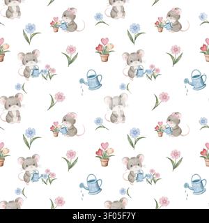 Nahtloses Aquarellmuster mit niedlichen grauen Mausfiguren, die mit blauen Gießkannen und Blumen wie Gänseblümchen und Kamille im Garten arbeiten, auf weißem Hintergrund. Für Kinderstoff und Tapeten, Schulerziehung Stockfoto