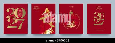 Neujahr- und Weihnachtsgrußkarten-Set. 2027 Ziffern. Trendiges abstraktes Design, roter Hintergrund mit Farbverlauf. Goldverläufe und Pinselstriche. Vektorillu Stock Vektor
