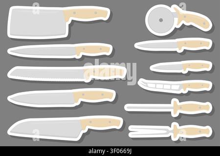 Illustration zum Thema großes farbiges Set verschiedene Arten Messer unterschiedliche Größe für Metzger, Kit-Messermuster bestehend aus Sammlungszubehör für die Metzgerei Stock Vektor