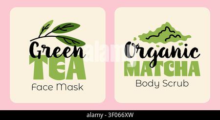 Matcha Gesichtsmaske und Körperkosmetik Hand gezeichnete Etiketten Set Stock Vektor