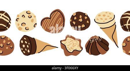 Schokoladenbonbons nahtlose Rand Vektor Illustration. Handgezeichnetes Muster für die Verpackung von Süßwaren und Schreibwaren Stock Vektor