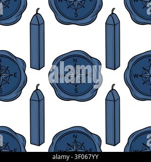 Nahtloses Vektormuster mit blauen Wachs-Siegelstempel und Kerzenstäbchen für Vintage Schreibwaren Design Stock Vektor