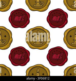 Nahtloses Muster mit Wachs-Siegelstempel mit Vintage-Kerze und Feder-Buch-Vektor-Illustration Stock Vektor