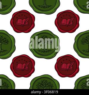 Nahtloses Muster mit Wachs-Siegelstempel mit Baum des Lebens und offenem Buch mit Quill-Vektor-Illustration Stock Vektor