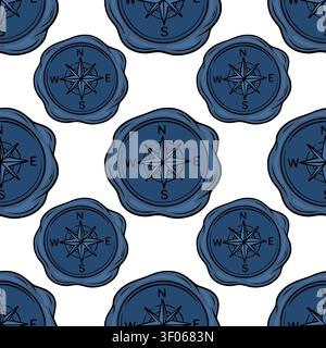 Nahtloses Muster mit blauen Wachs-Siegelstempel mit einer Kompass-Rose Vektor-Illustration Stock Vektor