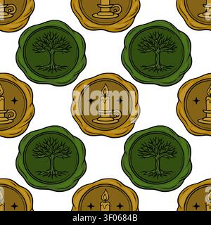 Nahtloses Vektormuster mit Vintage-Wachs-Dichtungen mit Baum des Lebens und Kerzen-Illustrationen Stock Vektor