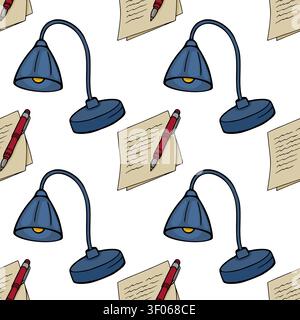 Nahtloses Muster mit Cartoon Schreibtischlampen, Notizbüchern und Stiften, Vektorillustration Stock Vektor