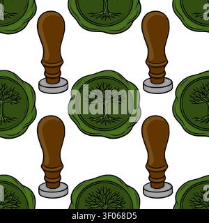 Nahtloses Muster mit hölzernen Wachsstempeln und grünem Baum des Lebens Wachssiegel, Vektorillustration Stock Vektor