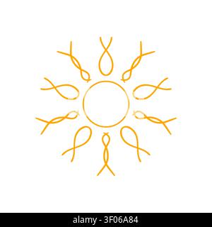 Stilisiertes Sonnensymbol, farbige Umrisse. Mit einer hellen gelben und orangen Sonne mit künstlerischen Strahlen, isoliert Stock Vektor