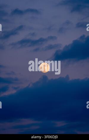 Vollmond scheint durch mehrschichtige dunkelblaue Wolken in einem ruhigen Dämmerhimmel und schafft eine stimmungsvolle nächtliche Atmosphäre mit weichem Licht, negativem Raum und en Stockfoto