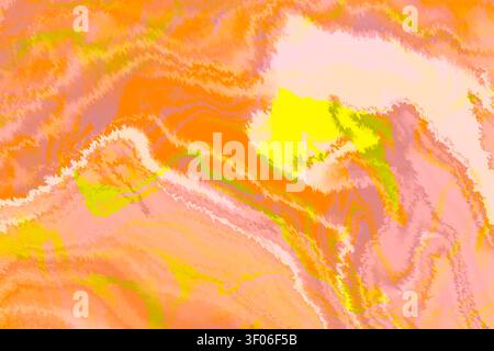 Abstrakter, organisch strukturierter Hintergrund mit fließenden marmorierten Strichen in warmen Pastelltönen von Pfirsich, Orange, Pink und Limette, wodurch weiche Bewegungen für Mo entstehen Stockfoto