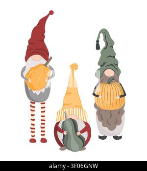 Süße fröhliche skandinavische Gnome mit Kürbissen. Isolierte Abbildung des Rohteils Vektor. Stock Vektor