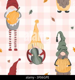 Nahtloses Muster mit süßen fröhlichen skandinavischen Gnomen mit Kürbissen. Thanksgiving Stock Gingham Vektor Hintergrund. Stock Vektor