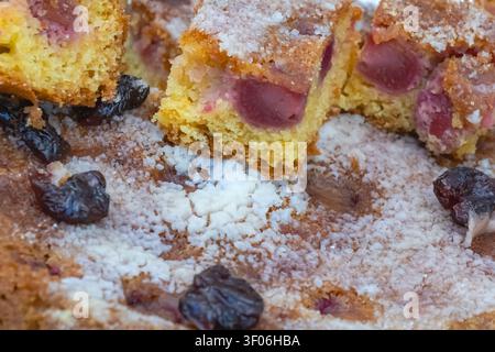 Nahaufnahme von hausgemachtem Kirschkuchen, der in Scheiben geschnitten ist, mit frischen Kirschen, Rosinen und Puderzucker, betont die weiche Textur und traditionelles Hausgemachtsein Stockfoto