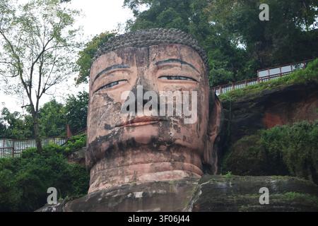 Der Kopf des Leshan-Riesenbuddhas wurde im 8. Jahrhundert aus einem Hügel geschnitzt und blickt auf die Mündung von drei Flüssen hinab, Sichuan, China Stockfoto