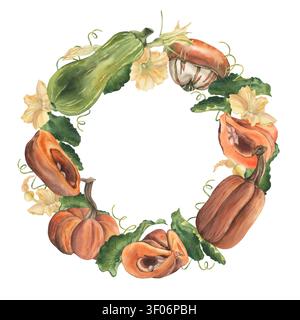 Herbstkranz aus orangefarbenen Kürbissen, grünen Blättern, gelben Blumen. Aquarellillustration handgezeichnet im botanischen Stil. Für Herbstfeiertagsdekoration, Ernte Stockfoto