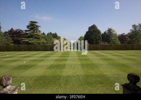 Ein perfekt gestreifter Krocketrasen erstreckt sich in Richtung Eibenhecken und einem langen, von Bäumen gesäumten Ausblick in den historischen formalen Gärten von Madingley Hall. Stockfoto