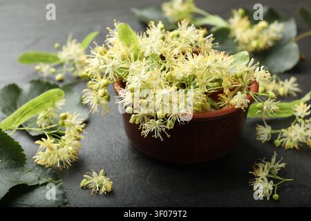 Lindenbaum blüht in Schüssel auf schwarzem Tisch, Nahaufnahme Stockfoto