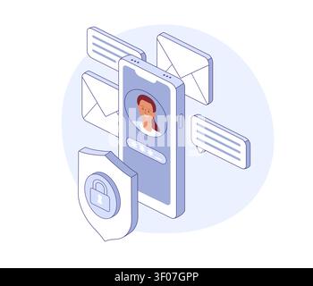 Persönlicher Korrespondenzschutz. Isometrisches Telefon mit Schild. Vector für Sicherheits-App, Datenschutzposter, Secure Messaging-Blog. Stock Vektor