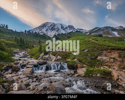 Ein rauschender Bach stürzt über Felsen in einer grünen Wiese mit Mount Rainier und schneebedeckten Gipfeln im Hintergrund. Stockfoto