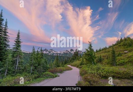 Ein gewundener gepflasterter Pfad führt durch einen Wald von immergrünen Bäumen zu schneebedeckten Berggipfeln unter einem Himmel voller rosa und blauer Wolken. Stockfoto
