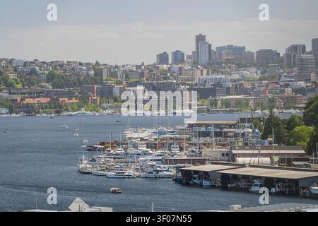 Aus der Vogelperspektive auf einen geschäftigen Yachthafen voller angedockter Segelboote und Yachten im Vordergrund, mit der Skyline der Stadt Seattle und den städtischen Gebäuden, die sich in Th erheben Stockfoto