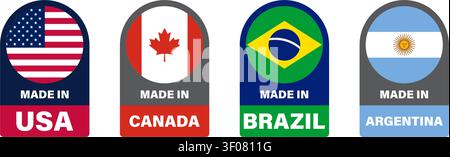 Hergestellt in. Aufkleber Symbolsatz für amerikanische Länder. Brasilien, Argentinien, Kanada, USA Stock Vektor